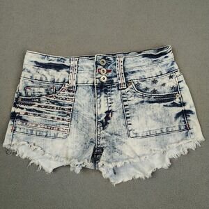 Hydraulic Denim High Rise Mini Shorts 4/5 Blue Stars Stripes Festival Acid Wash